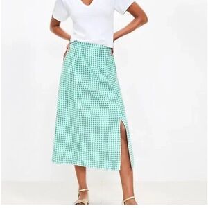 Loft‎ Linen Gingham Side Slit Midi Skirt Green White, Size 00P, NWT